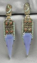 Jugendstil Gilt Sterling Silver Chalcedony and Matte Enamel Earpendants