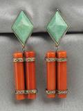 Art Deco Silver Amazonite Coral and Marcasite Earpendants