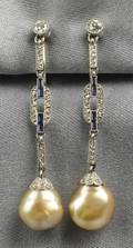 Art Deco Platinum Natural Pearl Sapphire and Diamond Earpendants
