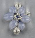 18kt White Gold Chalcedony Sapphire and Diamond Flower Brooch