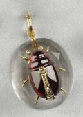 Antique Gold Rock Crystal and Garnet Insect Pendant