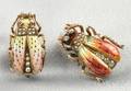 Two Art Nouveau 14kt Gold Enamel Seed Pearl and Diamond Insect Brooches