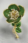 18kt Gold Pliqueajour Enamel Enamel and Diamond Flower Brooch
