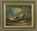 American School 19th Century Winter Scene with Family Figures and Cottage