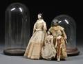 Three Papiermache Lady Dolls a Wooden Doll and Two Glass Display Domes