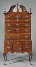 Queen Anne Walnut and Maple Fancarved Scrolltop High Chest of Drawers
