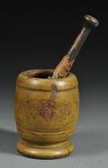 Mustardpainted Turned Wooden Mortar with a Porcelain and Wood Pestle