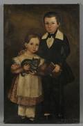 American School Early 19th Century Folk Portrait of a Boy Holding a Book and His Sister Holding a Cat c 1840