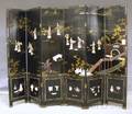 Asian Export Gilt and Carved Hardstone Scenicdecorated Black Lacquer Sixpanel Floor Screen