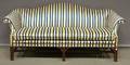 Chinese Chippendalestyle Striped Damask Upholstered Camelback Carved Mahogany Sofa