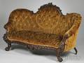 Victorian Rococo Revival Tufted Cut Velvet Upholstered Carved Walnut Sofa
