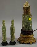 Asian Carved Hardstone Wood and Ivory Table Lamp and a Pair of Figurines