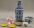 Five Chinese Porcelain Dishes a Wine Cup Footed Bowl and a Vase