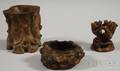 Two Small Asian Rootwood Brush Pots Bowl and a Stand