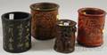 Four Asian Carved Wood and Bamboo Brush Pots