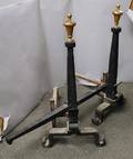 Pair of Large Bronze Urntop Wrought Iron Andirons with Crossbar