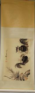 Chinese Ink and Watercolor on Paper Hanging Scroll Depicting Squirrels