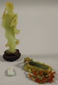 Asian Carved Jade Guan Yin Figure a Small Figural and a Figural Inkwell