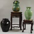 Three Assorted Asian Glazed Ceramic Vases and Two Small Chinese Export Carved Hardwood Stands