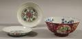 Pair of Small Chinese Doucai Porcelain Dishes and a Famille Rose Bowl