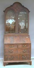 Baroquestyle Glazed Inlaid Mahogany and Mahogany Veneer Archtop Slantlid DeskBookcase