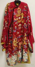 Chinese Dragon and Waves Embroidered Red Silk Robe