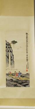Chinese Ink and Watercolor on Paper Hanging Scroll Depicting Figures on Picnic