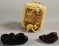 Japanese Carved Ivory Fourpart Inro and Two Carved Wood Netsuke