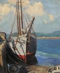 Stanley Wingate Woodward American 18901970 ThreeMasted Schooner at Wharf