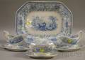 Eight Light Blue Transferdecorated Staffordshire Pottery Tableware Items