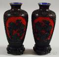 Pair of Carved Black Lacquer Vases on Carved Wooden Stands