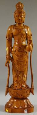 Large Carved Pine Standing Guanyin Figure
