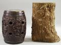 Asian Rootwood Treetrunkform Container and a Reliefcarved Garden Seat