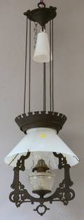 Bradley  Hubbard Victorian Blackpainted Cast Iron and Blown Molded Milk Glass Hanging Kerosene Lamp