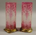 Pair of Baccarat Acidetched Pale Redcuttoclear Art Glass Cylindrical Vases on Giltmetal Stands