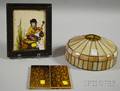 Small Leaded Caramel Slag Art Glass Lamp Shade Two J  JG Low Glazed Art Tiles and a Framed Faience Tile