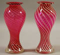 Pair of Cased Cranberry and White Swirl Art Glass Vases
