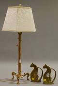 Brass Cat Bookends and a Brass Table Lamp
