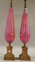 Pair of Italian Opalescent Pink Ribbed Art Glass Table Lamps with Painted Metal Plinthtype Bases