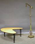 Contemporary Blondewood and Metal Coffee Table and an Art Deco Jaditemounted Cast Metal Bridge Floor Lamp