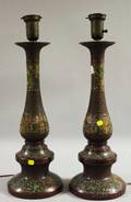 Pair of Chinese Bronze Champleve Pricket CandlestickTable Lamps