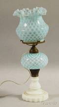 Late Victorian Opalescent Pale Blue Coin Spot and Pressed Milk Art Glass Kerosene Table Lamp