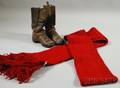 Pair of 19th Century Childs Boots and a Woven Red Wool Sash