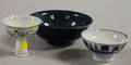 Chinese Blue Glazed Porcelain Bowl and Two Blue and White Decorated Porcelain Footed Bowls