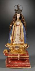 Carved Painted and Gilded Wood Santos Figure of the Virgin Mary