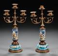 Pair of French White Metal and Enameled Threelight Candelabra