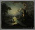 American School 19th Century Moonlit Landscape with Boatman Poling