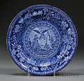 Blue Transferdecorated Arms of New York Staffordshire Pottery Dinner Plate