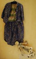 Chinese Brocade Jacket and Skirt and an Asian Carved Root Wood Figure