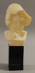 Italian Carved Alabaster Bust of a Young Girl with Lace Bonnet on a Black Marble Plinth